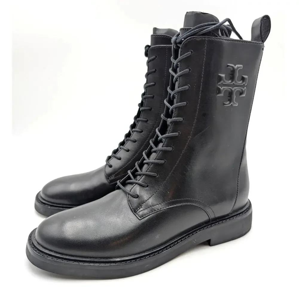 Tory Burch Double-T Lace-Up Combat Boots Women's Black Size US7M EU37.5